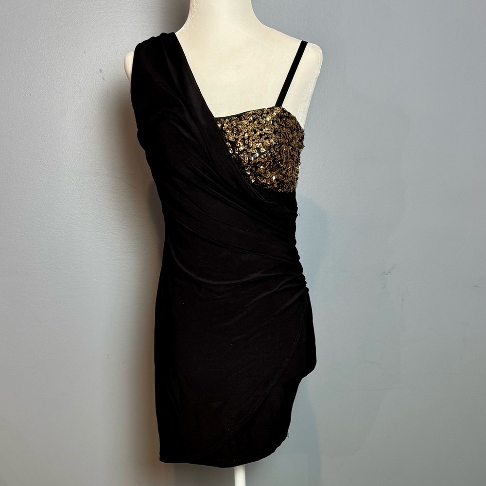 Mystic One Shoulder Black Dress with Gold Sequins